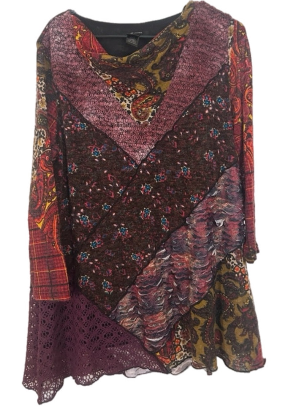 Ali Miles Multicolor Patchwork  Sleeve Blouse size XL wool Lagenlook Hippie